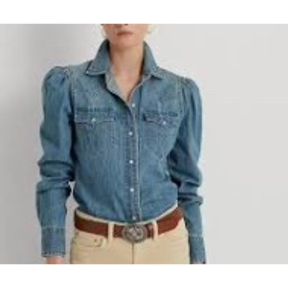Lauren Ralph Lauren Denim Western Shirt Women PM Blue Puff Sleeve Pearl Snap